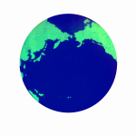 Earth in deep blue and bright green. View from over the pacific with Asia to the left and North America to the right.