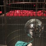 a disco ball hangs in an open bird cage. a tiel pom pom and a tooth with seeds stuck to it lay beneath the disco ball. a black stage floor recedes into the background and gives way to rows of empty red cushioned theatre seats.